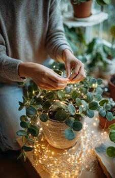 Hands Decorating Houseplant with String Lights Indoors photo