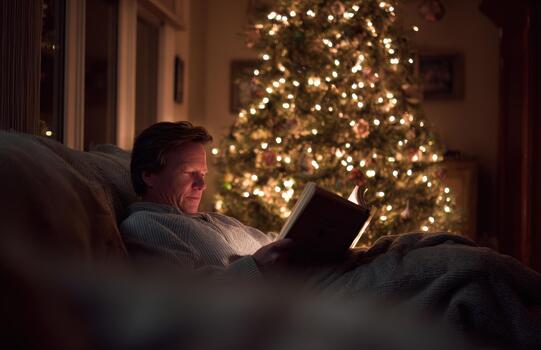 hombre leyendo libro en sofá cerca Navidad árbol luces foto
