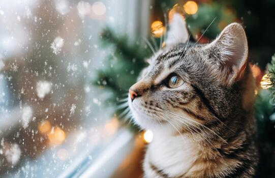 Curious cat watching snowfall through window lights photo