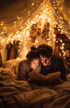 Cozy reading together under canopy of string lights photo