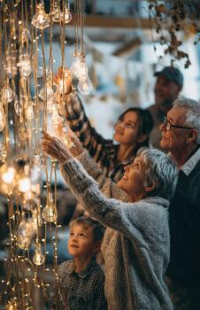 Family hanging string lights together with wonder and joy photo
