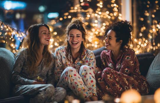Pajama party laughter on the sofa photo