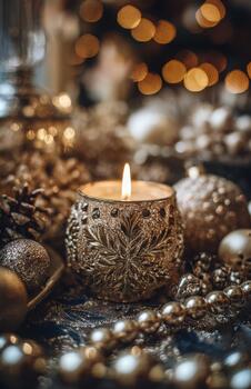 Golden holiday candle with bokeh lights photo