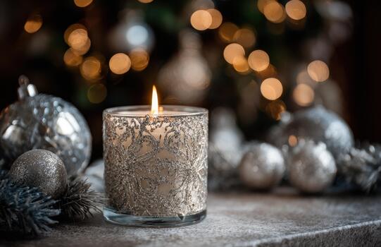 Silver candle and ornaments with festive bokeh photo