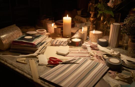 Wrapping desk with candles and crafting mess photo