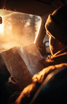 Man Reading Road Map in Car at Sunset photo