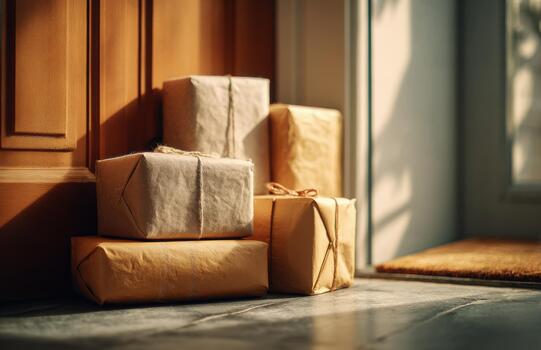 Sunlit Delivery Packages Left at Front Door photo
