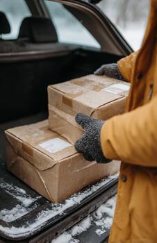 Winter parcel loading into car trunk photo