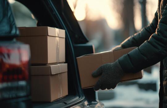 Loading Cardboard Boxes into Car Trunk at Sunset photo
