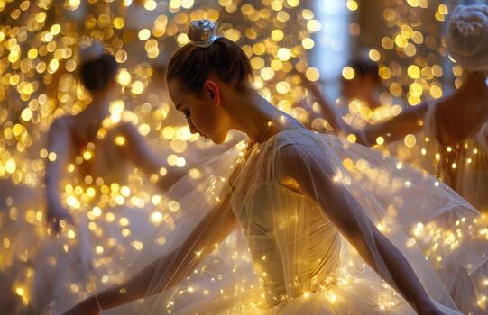 Ballerina in tutu wrapped in golden fairy lights on stage photo