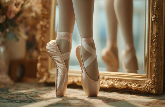 Ballerina pointe shoes in front of ornate golden mirror photo