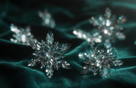 Crystal snowflake brooches on emerald velvet fabric photo