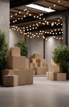 Warehouse with cardboard boxes and warm string lights photo