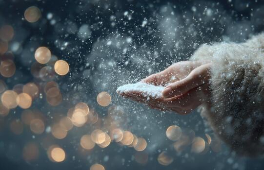 Female hand catching falling snow with soft bokeh lights photo
