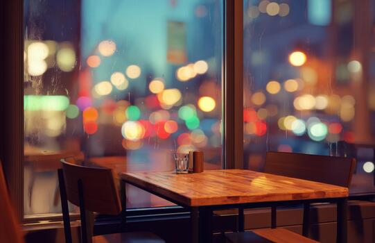 Empty cafe table by window with colorful city lights photo