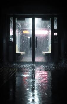 Rain falling on illuminated public transport doors at night photo