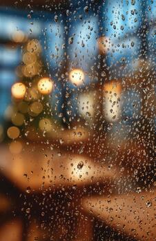Raindrops on cafe window with blurry Christmas lights photo