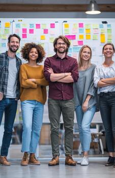 diverso melé equipo en pie juntos en ágil espacio de trabajo foto