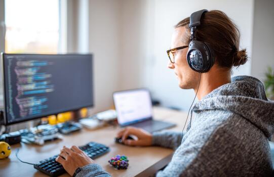 Focused Software Developer Coding at Home Workstation photo