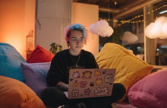 no binario desarrollador trabajando en ordenador portátil en acogedor vistoso habitación foto