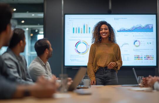 Confident Businesswoman Presenting Data Analytics to Team photo
