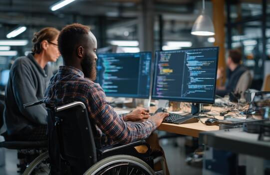 Software Engineer in Wheelchair Coding at Dual Monitors photo
