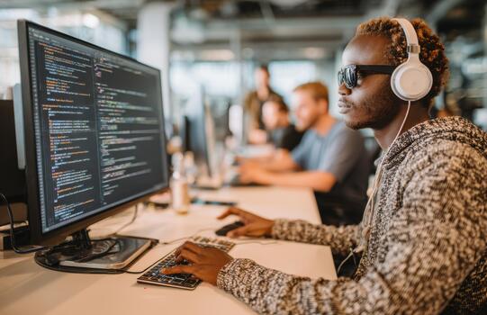 Visually impaired software developer coding with headphones in modern office photo