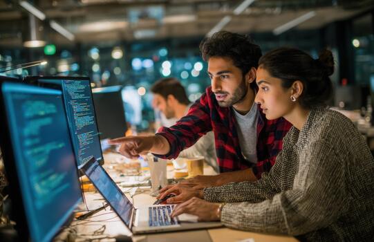 Developers Pair Programming Late at Night in Tech Office photo