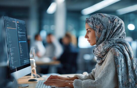 Focused front end developer in hijab coding at desktop computer photo