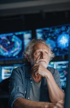 Senior data scientist analyzing complex dashboards late at night photo