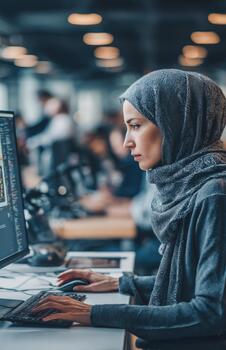 mujer en hijab trabajando como software desarrollador a moderno puesto de trabajo foto
