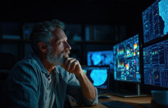 Mature analyst watching global data dashboards in control center photo