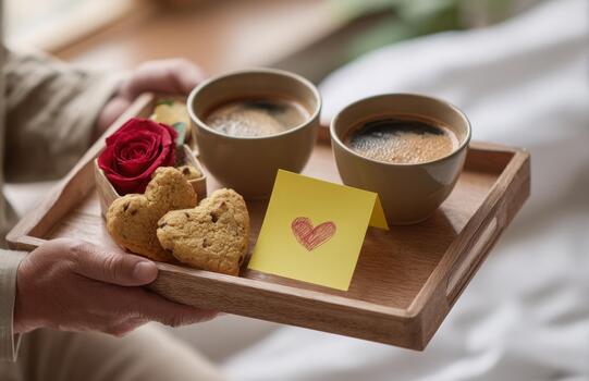 Romantic breakfast tray with two coffees and heart cookies photo