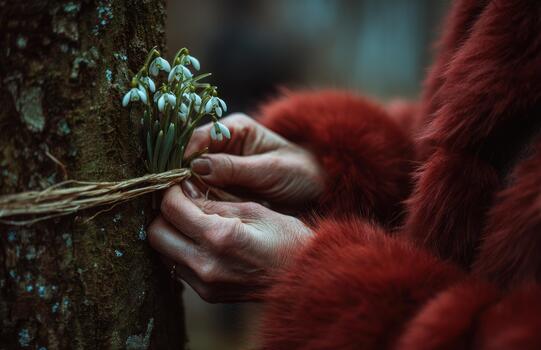 Close up hands tying snowdrops to tree in winter forest photo
