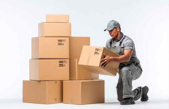 Professional mover stacking cardboard boxes in white studio photo