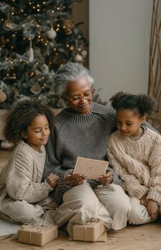 Grandmother reading holiday card with granddaughters by tree photo