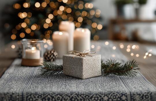 Minimal Christmas gift and candles on patterned table runner photo