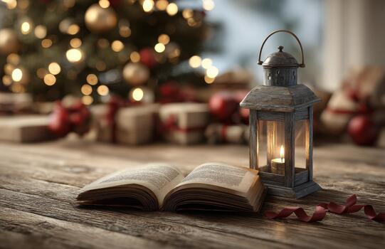 Open book and candle lantern on rustic table at Christmas photo