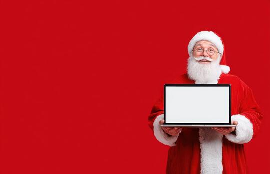 Santa showing blank laptop screen on red background photo