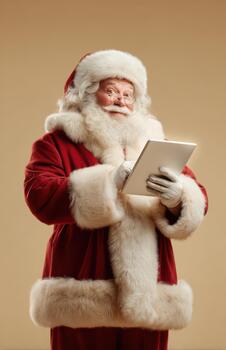 Classic Santa browsing on digital tablet in studio photo