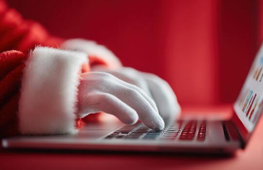 Santa typing on laptop keyboard close up of gloved hands photo