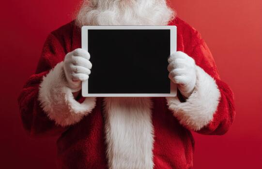 Santa holding blank digital tablet with copy space on red photo