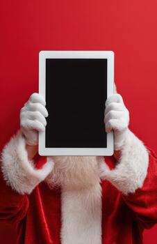 Santa hiding face behind vertical tablet with blank screen photo