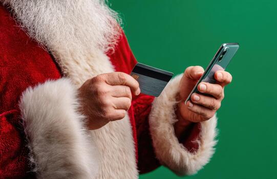 Santa making mobile payment with credit card and smartphone photo