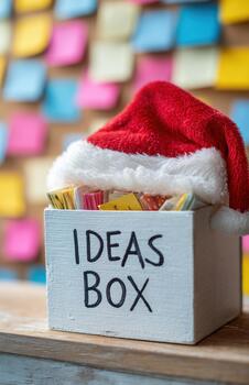 Ideas box with Santa hat and sticky notes background photo