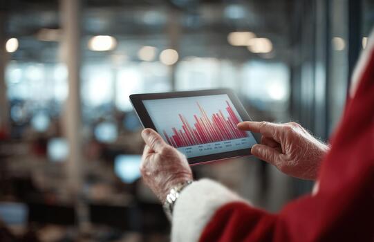 Santa Using Digital Tablet With Bar Chart in Office photo