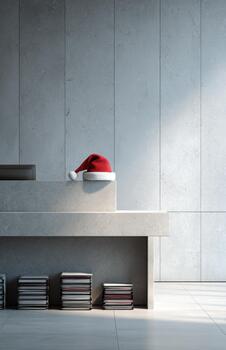 Minimalist office reception desk with Santa hat and document stacks photo