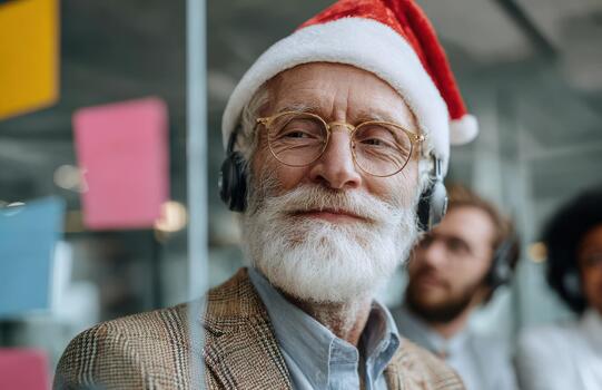Senior man in Santa hat with headset working in modern call center photo