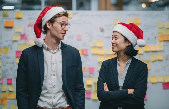 Diverse coworkers in santa hats standing by agile board photo
