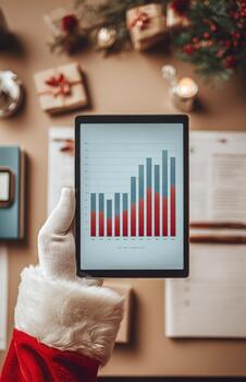 Festive Santa hand showing rising bar graph on digital tablet photo